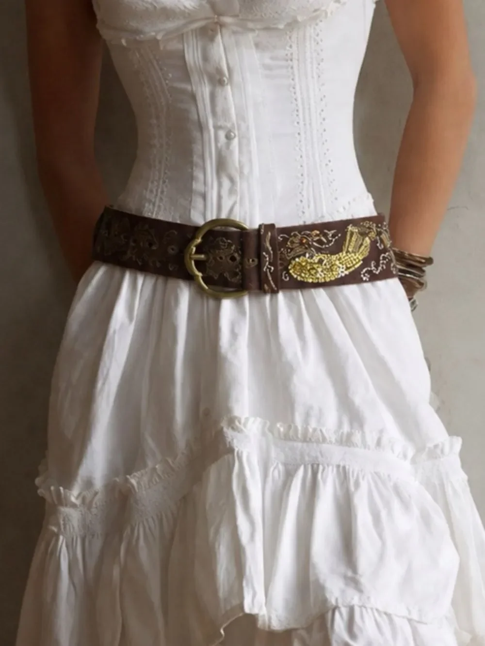 Vintage 80’Betsey Johnson Leather Beaded Fish Belt ~Gold Sequins Size M